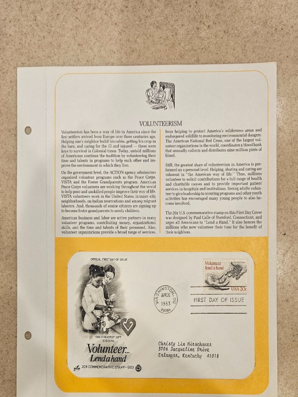 RARE COLLECTIBLE USPS 1ST DAY ISSUE VOLUNTEER LEND A HAND COMMEMORATIVE STAMP